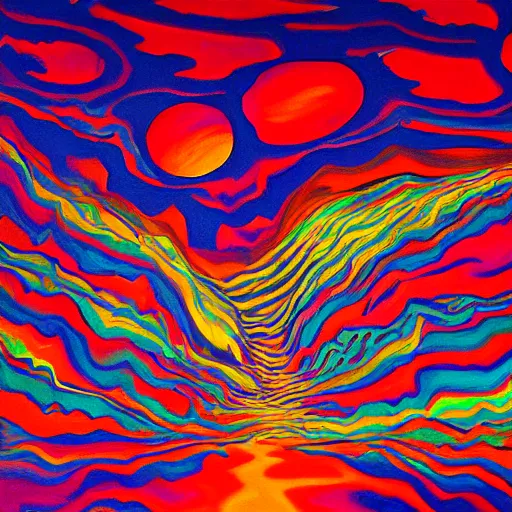 Prompt: painting of a beautiful sunset, psychedelic, schizophreniac