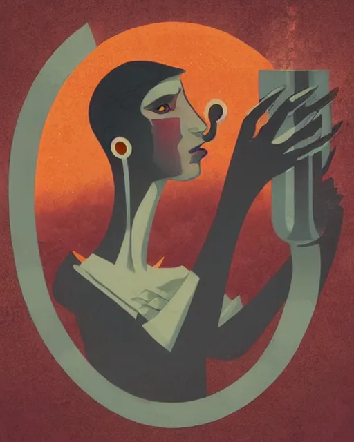 Image similar to retro dark vintage sci - fi. 2 d matte dark gouache illustration in a mystical style. a woman in a river holding two vases. symmetrical face.