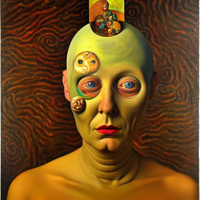 Image similar to an oil on canvas portrait painting, polycount, surrealism, surrealist, lovecraftian, cosmic horror, grant wood, gustav klimt, high detail