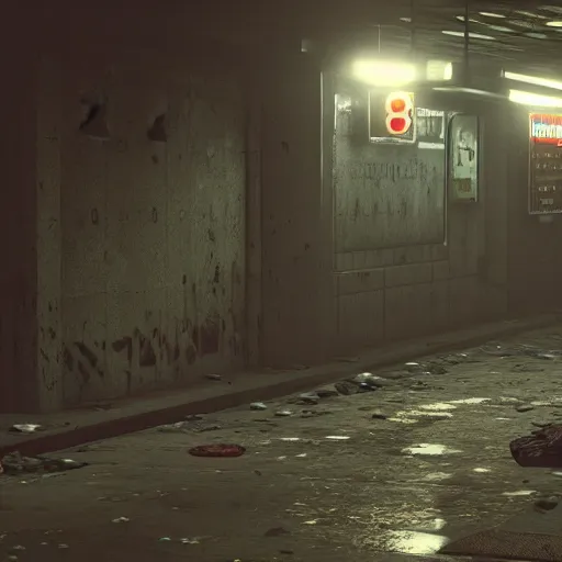 Image similar to silent hill abandoned underground subway homeless filthy horror slum low light sadness lonely. Cyberpunk 2077. CP2077. 3840 x 2160