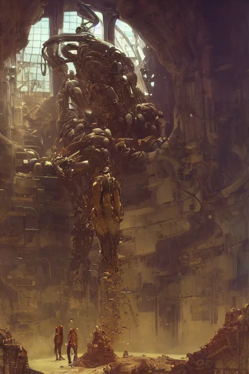 Image similar to scientists in a laboratory observe a huge martian wearing armour, painted by ruan jia, raymond swanland, lawrence alma tadema, zdzislaw beksinski, norman rockwell, jack kirby, tom lovell, alex malveda, greg staples