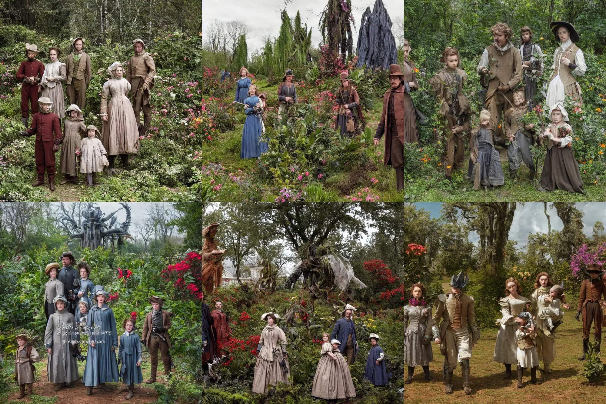 Prompt: sharp, highly detailed, 16384k film, 12000mm film still from a sci fi blockbuster color movie made in 2019, set in 1860, of a family standing in a park, next to some strange alien plants and flowers, on an alien planet, the family are all wearing 1860s era clothes, good lighting, good photography, in focus