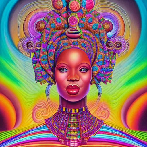 Image similar to a regal and elegant african queen with a colorful afro sitting in a cabana near a large steampunk pyramid near a pink river with a large glowing baobab tree, by amanda sage and alex grey and evgeni gordiets in a surreal psychedelic style, oil on canvas 8k, hd