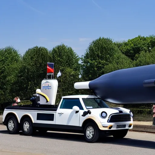 Image similar to mini navy submarine being transported on the back of a trailer