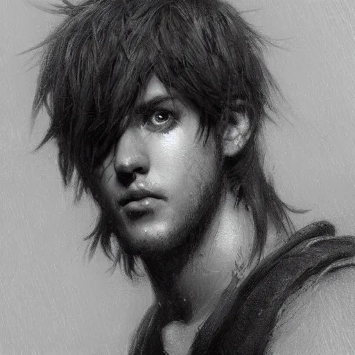 Image similar to A handsome, cute emo guy, close-up portrait illustrated by Gaston Bussiere and Greg Rutkowski, trending on artstation, artstationHD, artstationHQ, artstation digital artwork, photorealistic imagery, photorealistic facial features, intricate, 4k, 8k