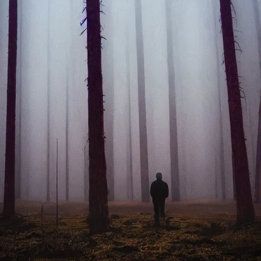 Image similar to a lonely man standing on a deserted planet, forestry, dreary, head down, smokey, mist, blur, red lighting, acrylic art,