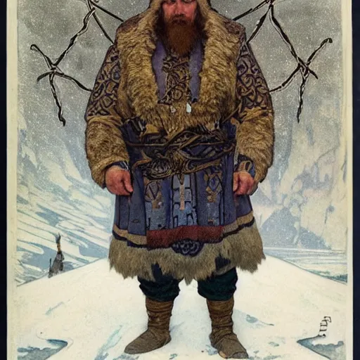 Image similar to portrait of man with knotwork runic facial tattoos, bald, middle-aged Slavic Viking priest wearing thick fur collar and vestments, and standing tall in the blizzard, with fading blue woad tattoos on forehead, head, and cheeks, portrait by Anato Finnstark, Alphonse Mucha, and Greg Rutkowski