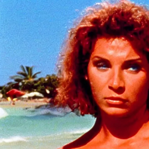 Prompt: color still shot of giorgia whigham on baywatch 1 9 8 9 tv show, face closeup,