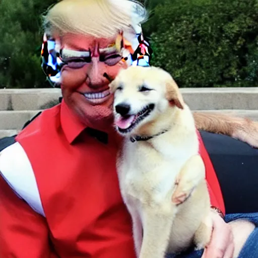 Image similar to donald trump smiling with a dog on his lap