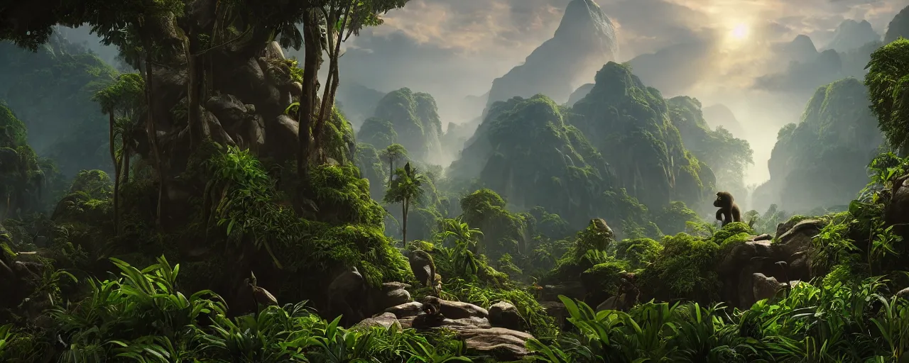 Prompt: gorilla in the jungle, beautiful dynamic lighting, cinematic, wide angle establishing shot, extremely high detail, photo realistic, cinematic lighting, post processed, concept art, artstation, matte painting, style by frederic church, raphael lacoste, unreal engine 8 k