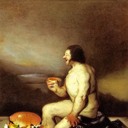 Prompt: burger king eating a burger by francisco goya