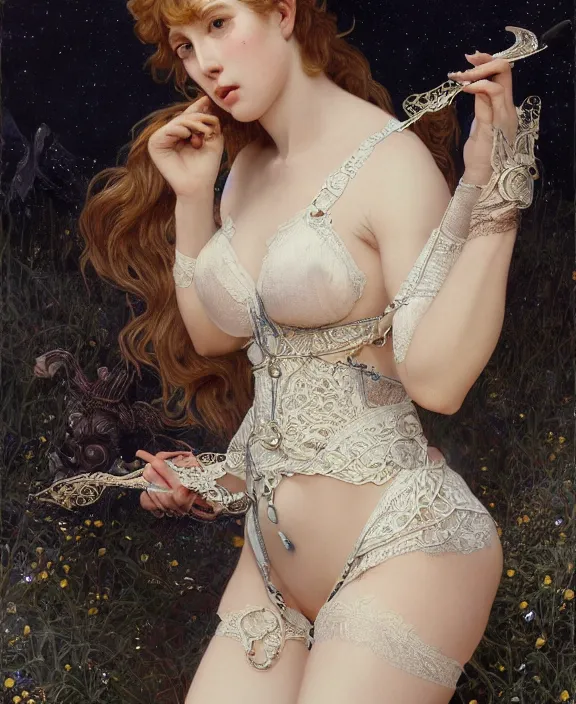 Prompt: the moon goddess, intricate and detailed lace set, suspenders, honey birdette, realistic renaissance portrait, highly detailed, digital painting, artstation, concept art, smooth, sharp focus, cinematic lighting, art by john collier, artgerm and greg rutkowski and alphonse mucha and jacques louis david