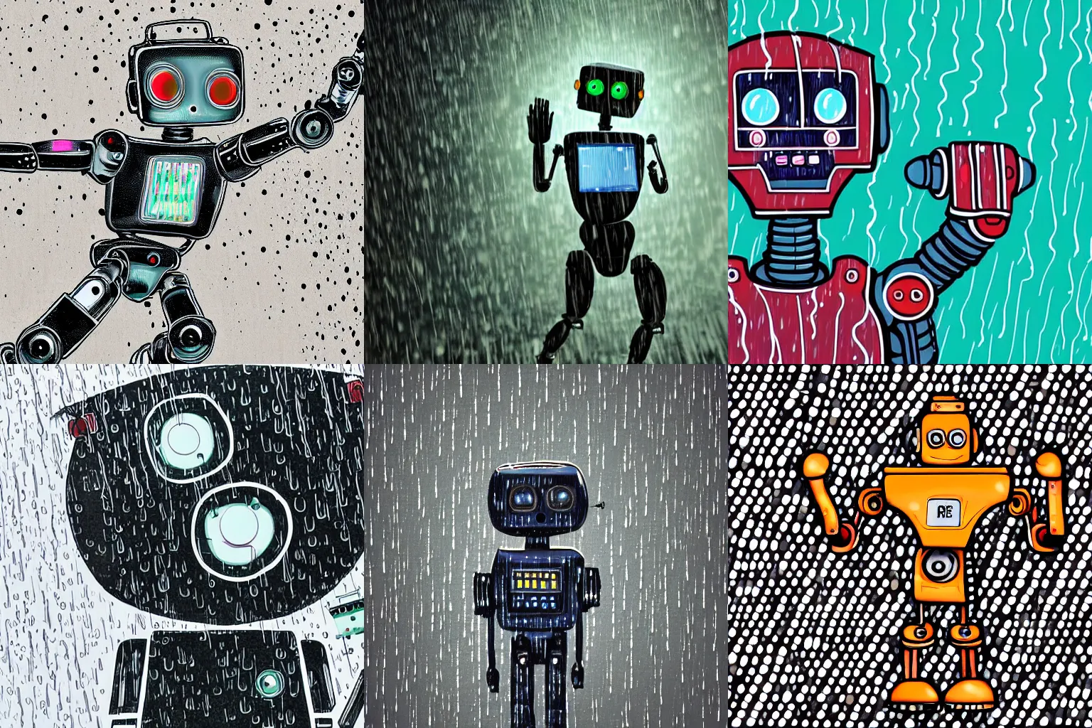 Prompt: A robot dancing in the rain, close-up, highly detailed, illustration