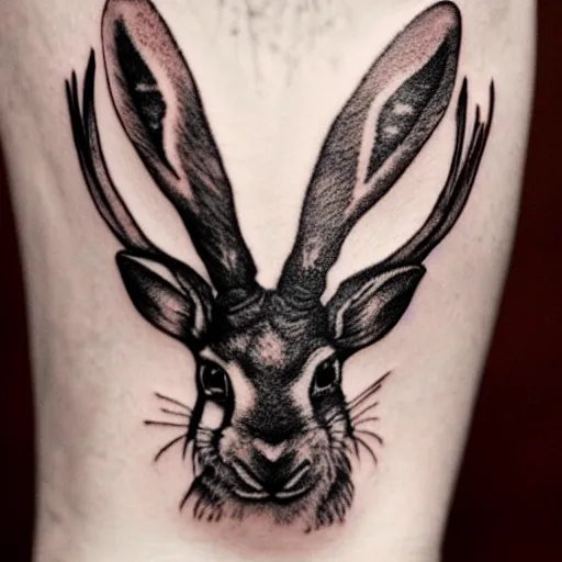 Prompt: a black and white tattoo of a jackalope