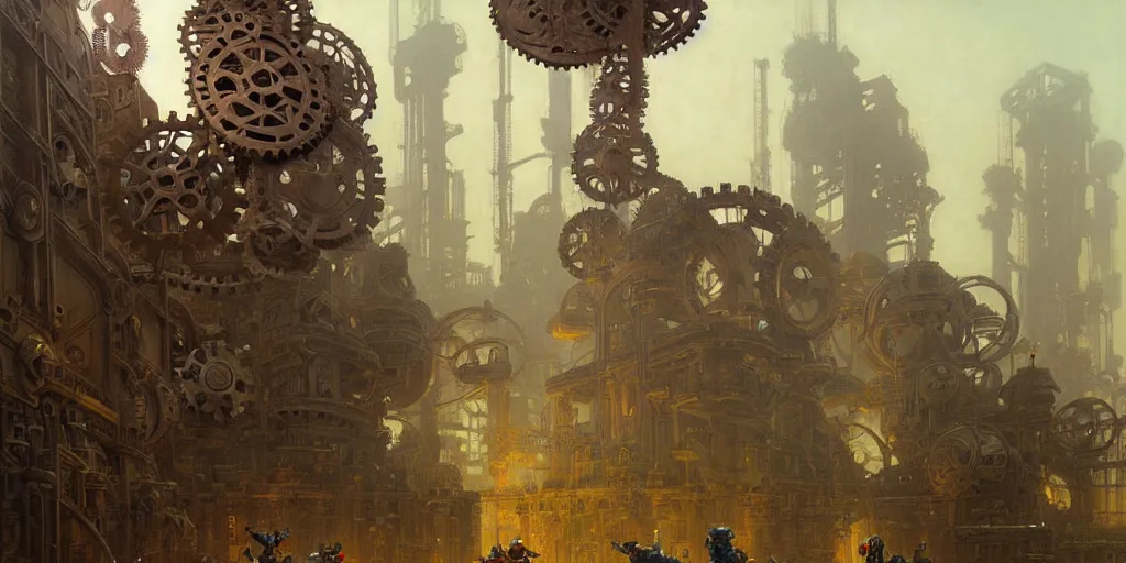 Prompt: giant interlocked gears cogs, giant mechanisms floating in space, industry, villages castles, buildings vista artstation illustration sharp focus vista painted by ruan jia raymond swanland lawrence alma tadema zdzislaw beksinski norman rockwell tom lovell alex malveda greg staples