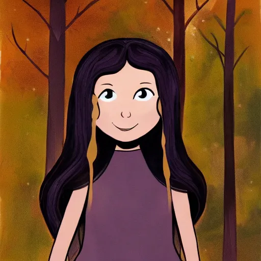 Image similar to female child with long curvy black hair, wearing reen and brown clothing, cartoon, dark forest, night, painting