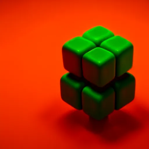 Image similar to a 3 d render of a stack of green cubes on the left and an orange ball on the right in a red room, blender, ue 5, octane render, trending on artstation