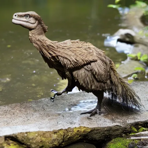Prompt: a feathered theropod dinosaur drinking at the riverside, 4 k photography
