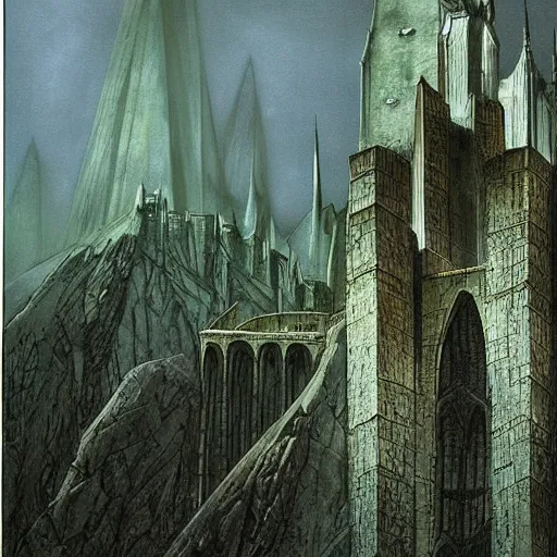 Prompt: the city of minas morgul, gloomy palace, agressive architecture, reflections, dead vegitation, atmosphere, spectacular details, dramatic lighting, epic composition, wide angle, low angle, by john howe, by alan lee, lord of the rings