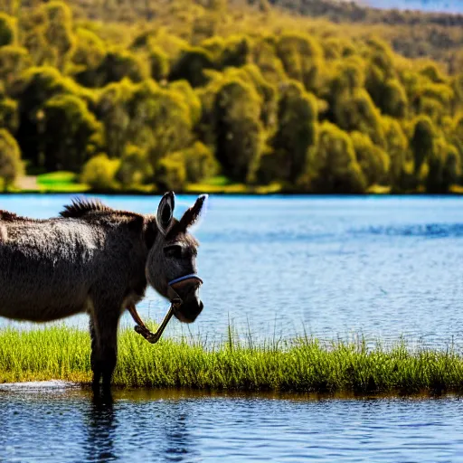 Prompt: close up photo of a donkey, drinking water from a lake in tasmania, bokeh, 4 k award winning nature photography