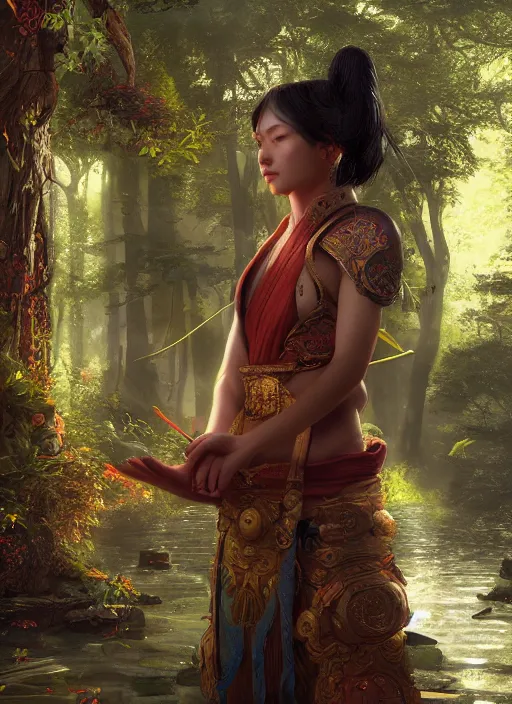 Image similar to Beautiful art portrait of a female fantasy monk martial arts expert in a bright temple surrounded by lush forest, atmospheric lighting, intricate detail, cgsociety, hyperrealistic, octane render, RPG portrait, ambient light, dynamic lighting