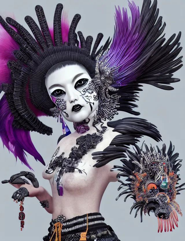 Image similar to 3 d goddess close - up profile portrait punk with mohawk with ram skull. beautiful intricately detailed japanese crow kitsune mask and clasical japanese kimono. betta fish, jellyfish phoenix, bio luminescent, plasma, ice, water, wind, creature, artwork by tooth wu and wlop and beeple and greg rutkowski