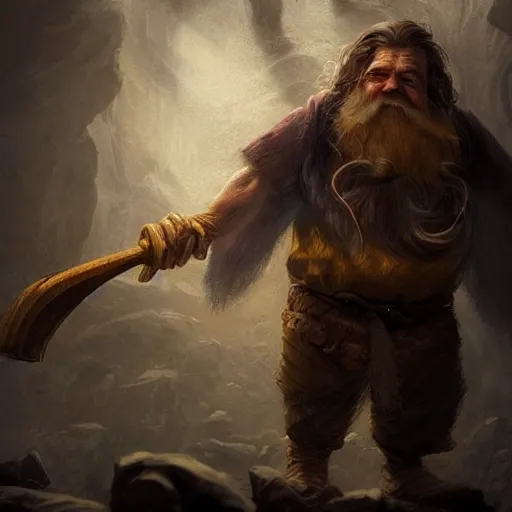 Image similar to portrait of a dwarf holding in two hands the beautiful humongous raw, unrefined gold nugget with organically sculpted lines, realistic, beautiful, fantasy art, dnd, lord of the rings, mid - shot, moody lighting, by greg rutkowski, wlop, artgerm, concept art, sharp focus, ray tracing