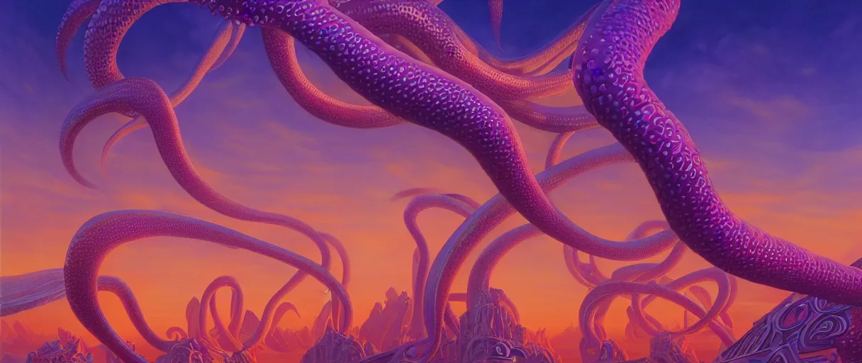 Prompt: hyperrealistic ornate sky city of atlantis on giant orange and purple cyborg tentacles matte painting concept art alex grey kay sage sorayama cinematic soft red lighting high angle hd 8k sharp shallow depth of field