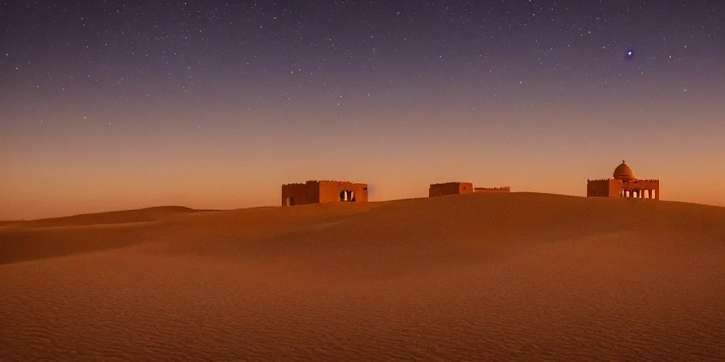 Image similar to desert landscape at night with arabian palace on horizon