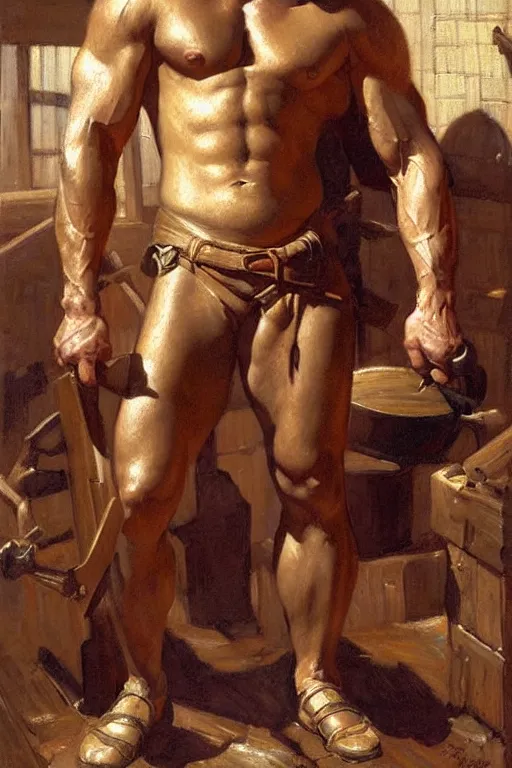 Image similar to muscular sweaty male blacksmith, forgehouse painting by gaston bussiere, craig mullins, j. c. leyendecker, tom of finland