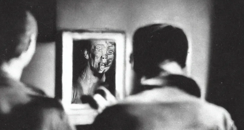 Prompt: vintage photo of a person looking into a mirror and a friend frightening creature is looking back at them