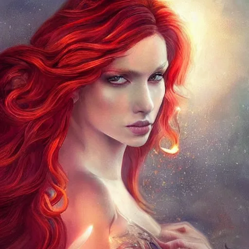 Image similar to Fantastic, fairytale, portrait, painting, beautiful!, female mage, long flowing red hair, light emitting from fingertips, ornate gown, smoldering, serious, royalty kingdom, royal court, hyperreal, photoreal