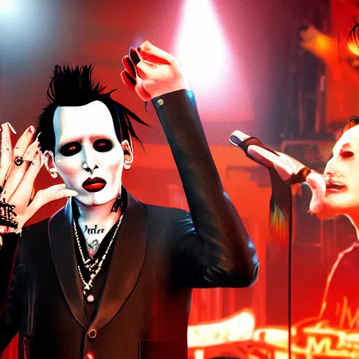 Image similar to A photorealistic photograph of Johnny Depp and Marilyn Manson performing on stage in a band. Trending on Artstation, featured on Behance, well-rendered, intricate, highly detailed, very crispy, Unreal Engine, 4K HD