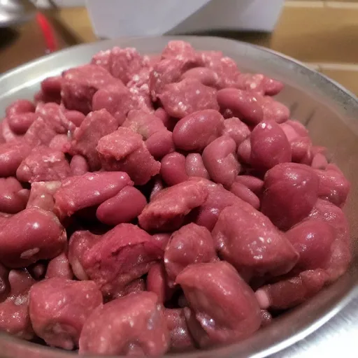 Image similar to raw meat chunks beans, android cell phone photo,