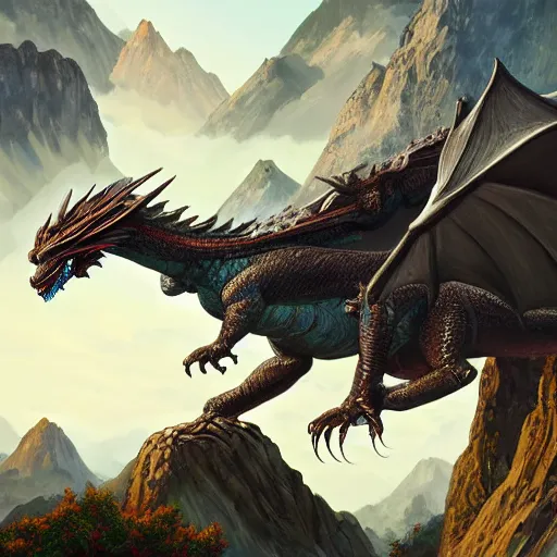 Prompt: dragon flying in mountain landscape, digital art, majestic, fantasy, d & d, intricate, hyper detailed, devianart, concept art, smooth, concept art, vibrant, photorealistic, rj palmer, rossier, jessica