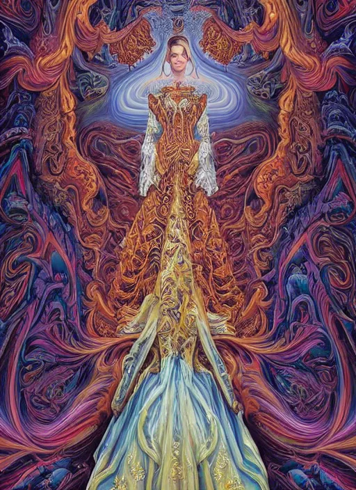 Image similar to beautiful oil painting, full length portrait of Emma Watson in baroque coronation robes 1701, Dan Mumford, Dan Mumford, Alex grey, Alex grey, highly detailed , lsd visuals, dmt fractal patterns, hallucinogen, visionary art, psychedelic art, ornate, vaporwave, baroque