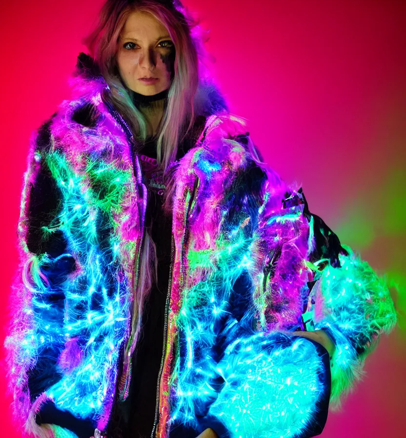 Image similar to autumn season rave jacket with led skin and fluffy lining in the style of cyberdog, futuristic psychedelic hippy, product shot, dark background, neon lighting