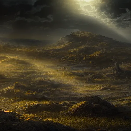 Prompt: Sickly yellow light breaking through the clouds shining down upon a desolate battlefield, fantasy, matte painting, 8k resolution, high detail, masterpiece, dark atmosphere