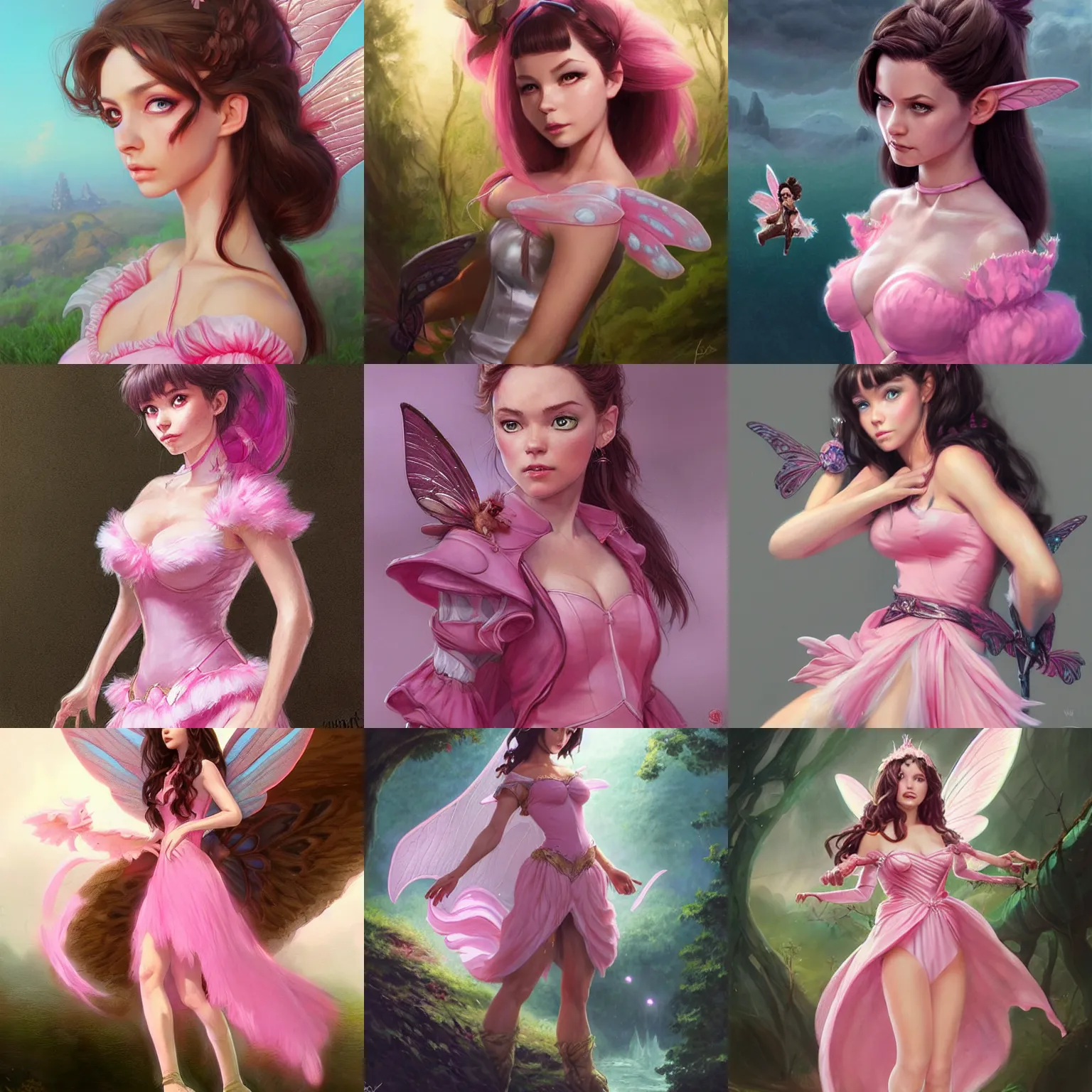 Prompt: brunette fairy woman, wearing pink puffy dress, d & d, fantasy, highly detailed, digital painting, trending on artstation, concept art, sharp focus, illustration, art by artgerm and greg rutkowski and magali villeneuve, over the shoulder point of view