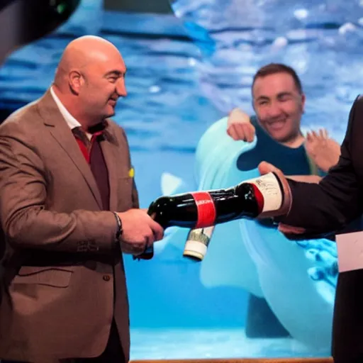 Prompt: Cook Chief Kevin O'Leary selling bottle of wine in front of other sharks, in Shark Tank (2016)