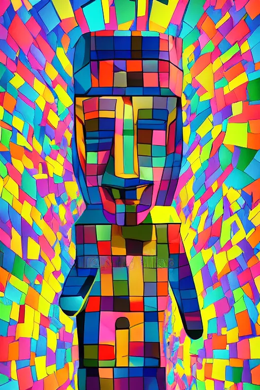 Image similar to cubist moai statue cutout digital illustration cartoon colorful beeple