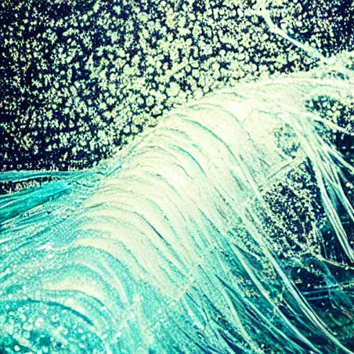 Image similar to glitter and painting mixing underwater turbulence, macro-photography, slow-motion capture