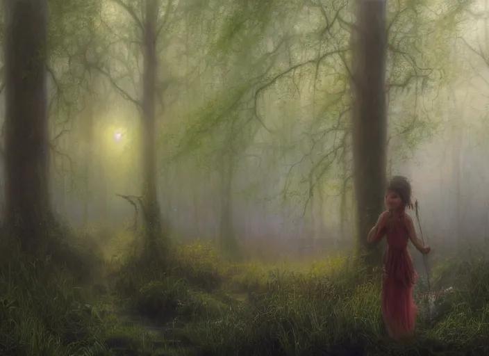 Prompt: misty swamp in early morning, hazy fog, sundown golden hour firefly wisps, Lilia Alvarado, Sophie Anderson, Mark Arian, Bob Byerley, Charlie Bowater, Mark Brooks, Steve Henderson, Justin Gerard, Arthur Hughes, Edward Robert Hughes, Mark Keathley, Victor Nizovtsev, Carlos Shwabe, Ross Tran, WLOP