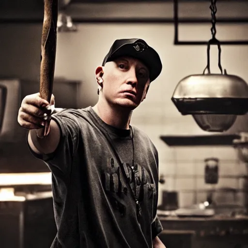 Image similar to Eminem as a butcher with axe in his hand, shot from professional camera, ultra realistic, rim light, beatiful vivid lights