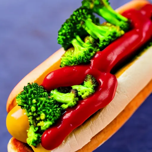 Prompt: promotional photo of a delicious hot dog with broccoli, ketchup and mustard, detailed, uhd, 8k,