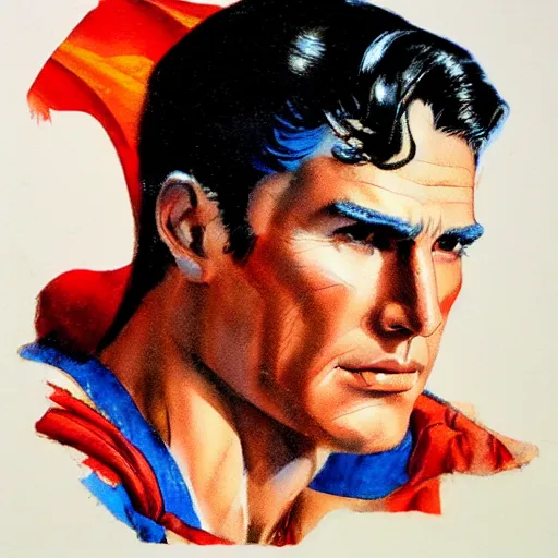 Prompt: photorealistic picture, by bob peak and alex ross, bloody superman, gouache and wash paints, fine details, fine intricate, fine facial proportionate, fine body proportionate, fine fix broken line, fine fix duplicate line, smooth shar focus, sharp focus