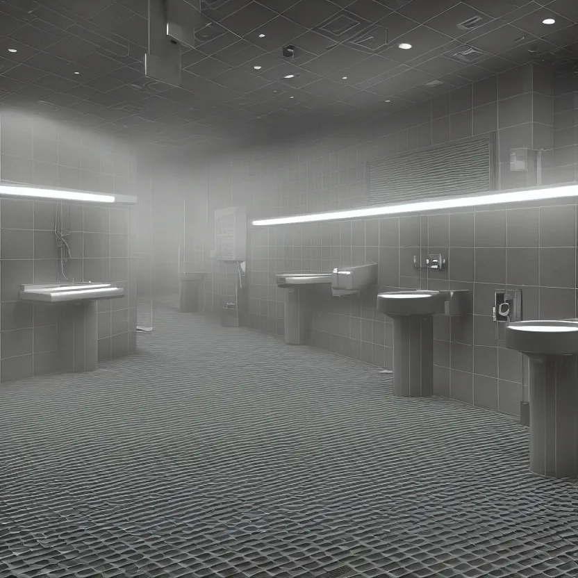 Image similar to an infinite public restroom with endless stalls and endless sinks fading into the distance, lots of people, showers, lights, tile, cinematic lighting, volumetric lighting, award winning photography, highly detailed, intricate, sharp focus, 4 k wallpaper, unreal engine, 9 0 mm, f / 1. 4