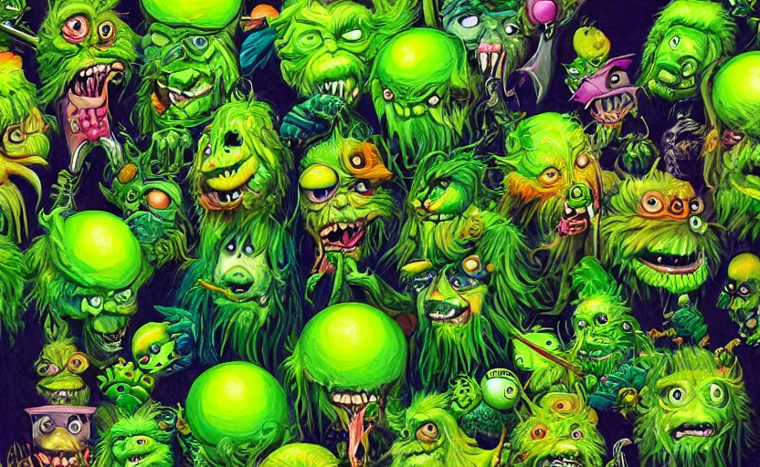 Prompt: an army of different green tennis ball monsters, colorful, digital art, fantasy, magic, chalk, trending on artstation, ultra detailed, detailed, fine details, professional illustration by basil gogos