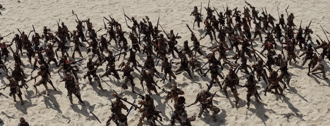 Prompt: An army of rebels and an army of warriors fight each other for supremacy, but with no side on the winning hand, this battle could go on for a long time. The dead of one side are spread around the beach and the faces of the fighters are hopeful with victory in mind and their muscles tense and anxious, they take on their enemies