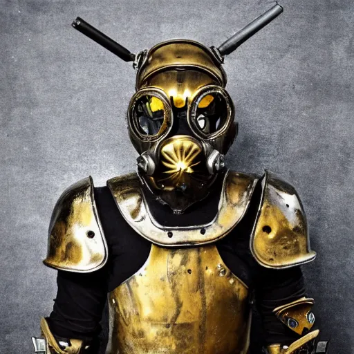 Prompt: warrior in sci - fi armor and gas mask with gold runes in the armor